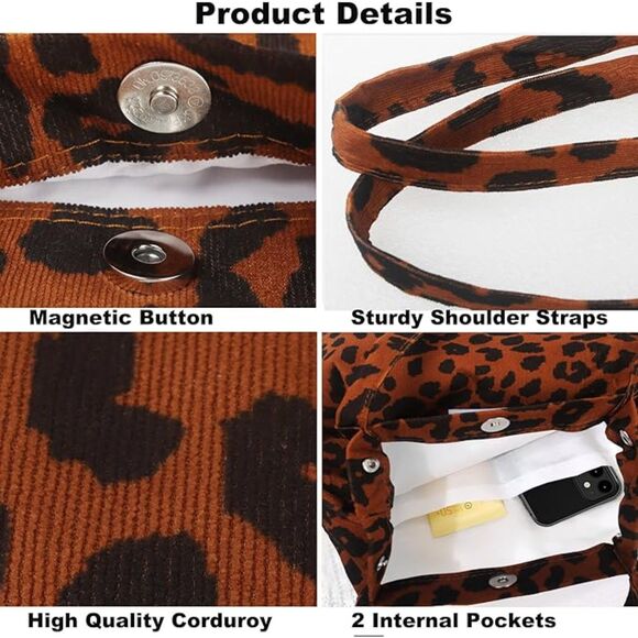 Women Leopard Imported Corduroy Canvas Shoulder Handy Inner Pocket Tote Bag - Picture 4 of 4